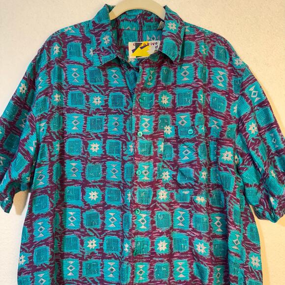 Creative Edge South Western Print Silk Button Up Blouse Size Large Short Sleeve - Picture 3 of 8
